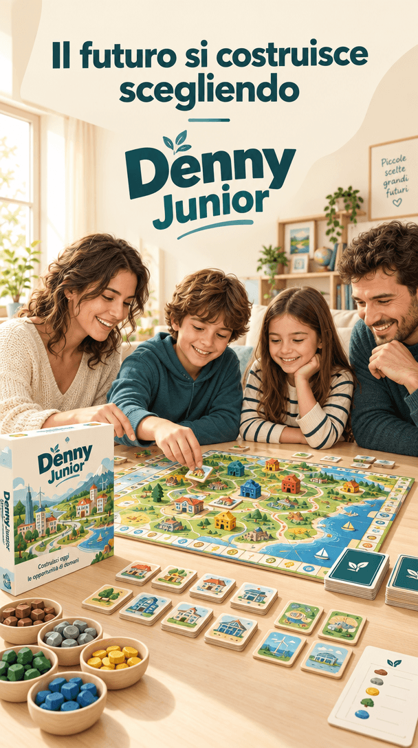 Una famiglia gioca a Denny Junior attorno a una plancia illustrata, con tessere e risorse sul tavolo.